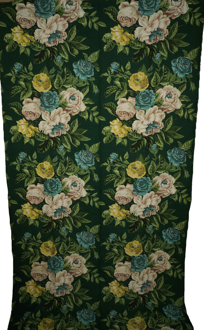 Vintage 1940s Woven Cotton Barkcloth Drapes Cabbage Rose Print Unused - Poppy's Vintage Clothing