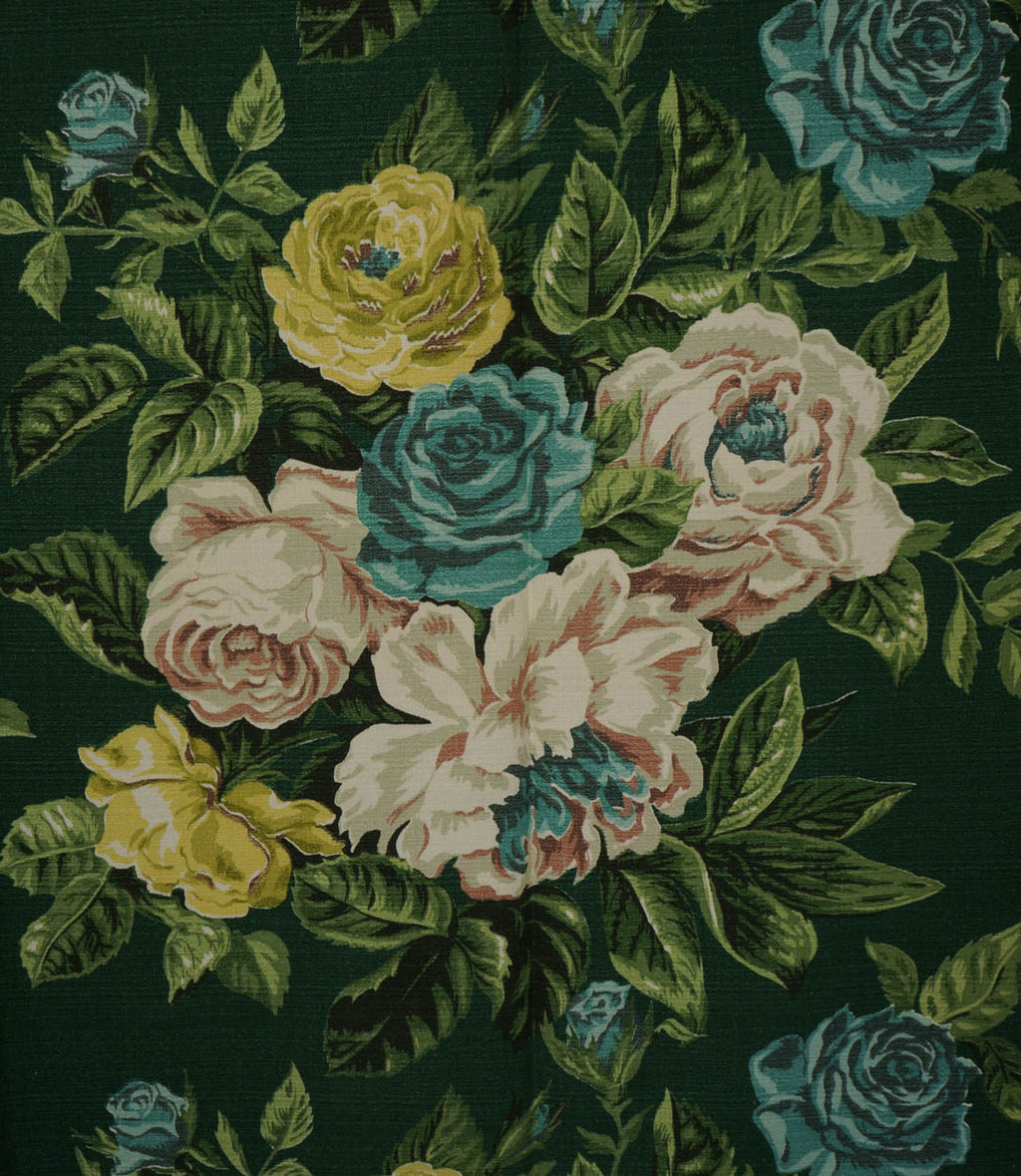 Vintage 1940s Woven Cotton Barkcloth Drapes Cabbage Rose Print Unused - Poppy's Vintage Clothing