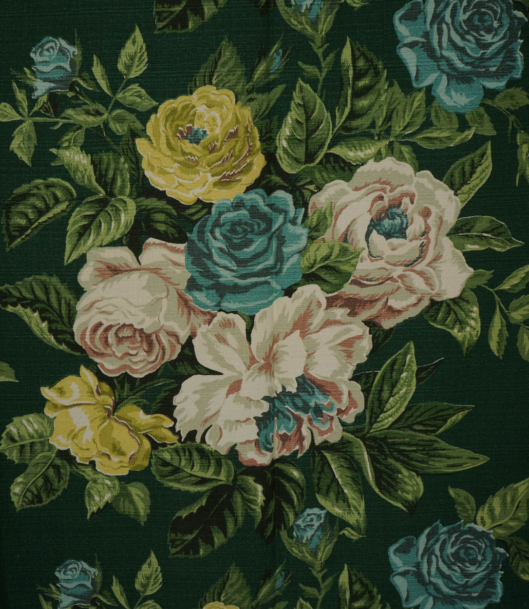 Vintage 1940s Woven Cotton Barkcloth Drapes Cabbage Rose Print Unused - Poppy's Vintage Clothing