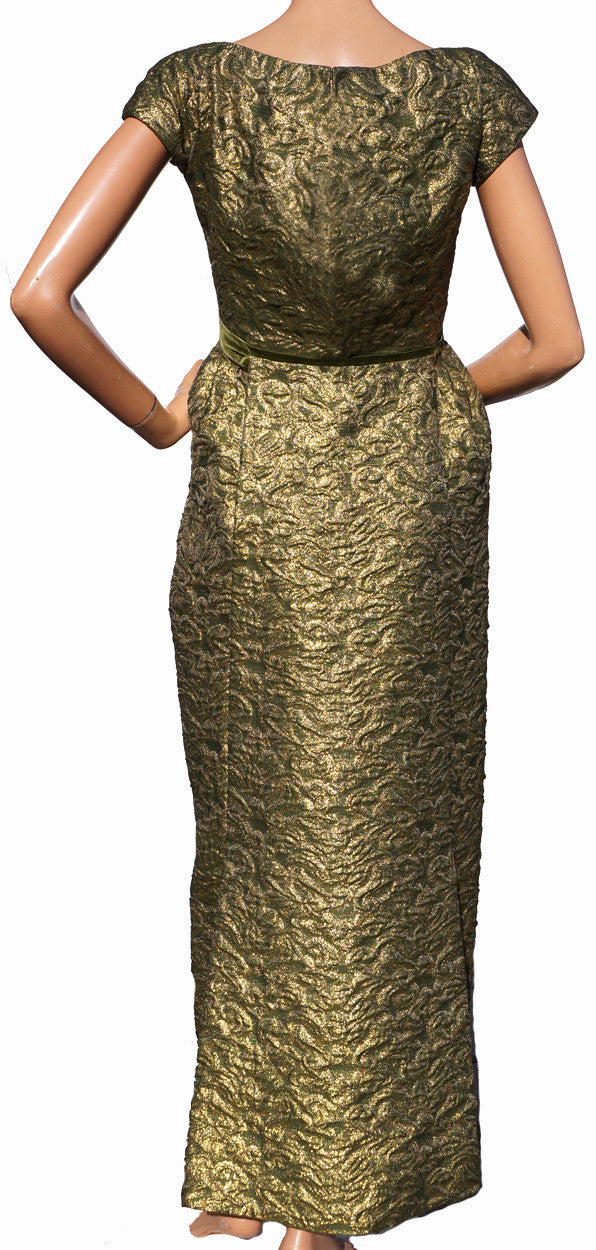 Paris Couture 1960s Gold Lame Evening Gown Green Brocade Dress Size S - Poppy's Vintage Clothing