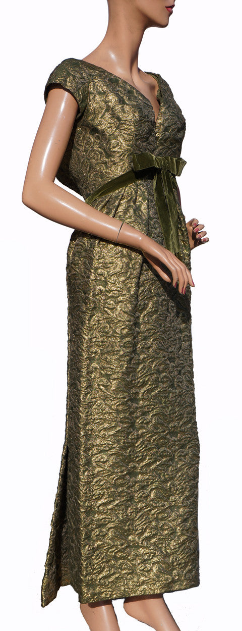 Paris Couture 1960s Gold Lame Evening Gown Green Brocade Dress Size S - Poppy's Vintage Clothing