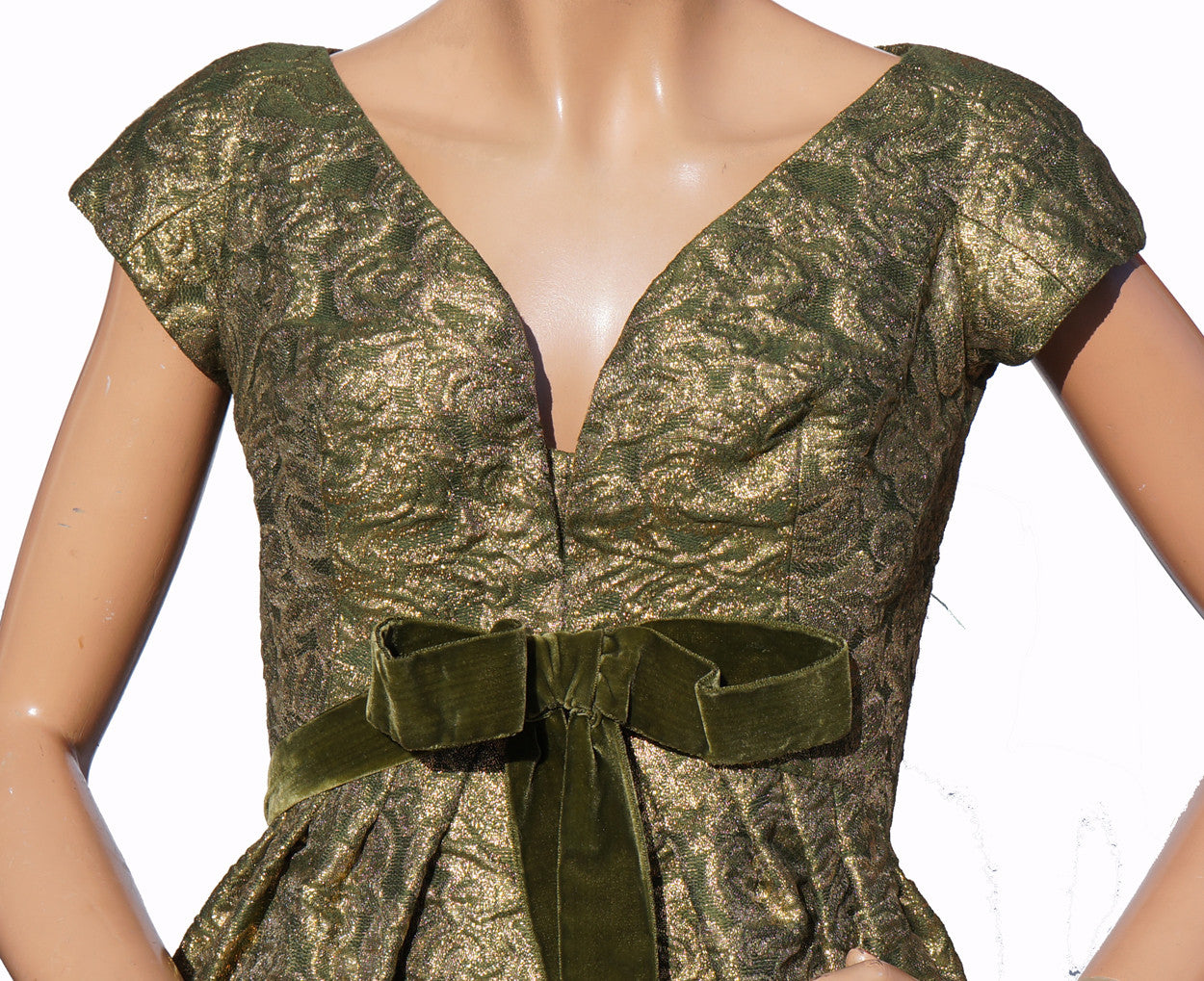 Paris Couture 1960s Gold Lame Evening Gown Green Brocade Dress Size S - Poppy's Vintage Clothing