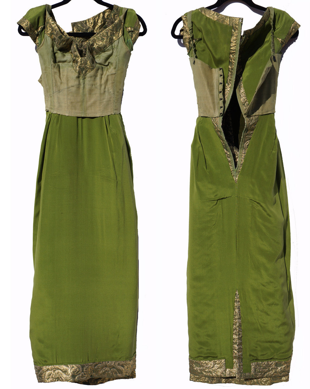Paris Couture 1960s Gold Lame Evening Gown Green Brocade Dress Size S - Poppy's Vintage Clothing