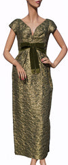 Paris Couture 1960s Gold Lame Evening Gown Green Brocade Dress Size S - Poppy's Vintage Clothing