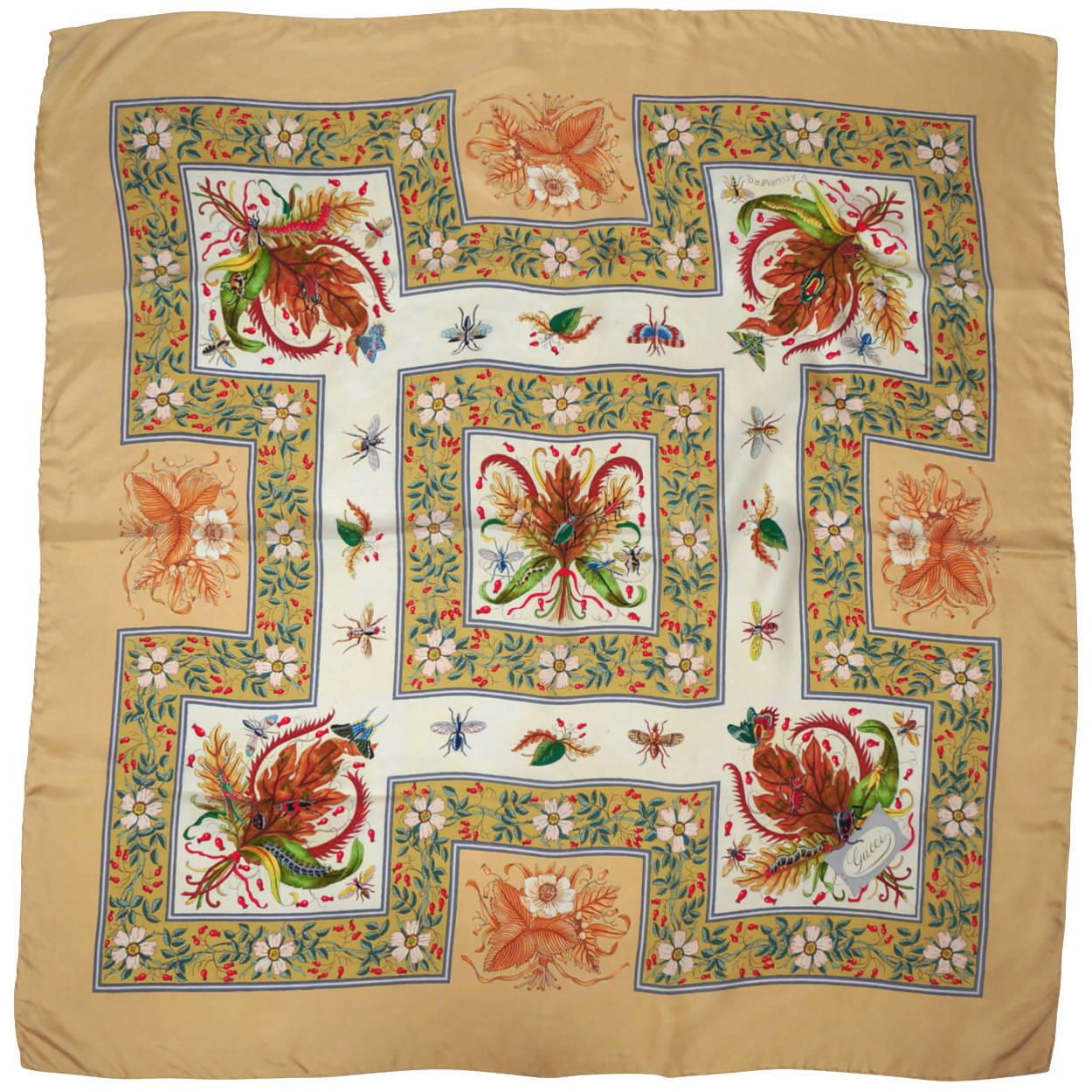 Vintage 70s Gucci Silk Scarf Vittorio Accornero Insects 34.5” - Poppy's Vintage Clothing