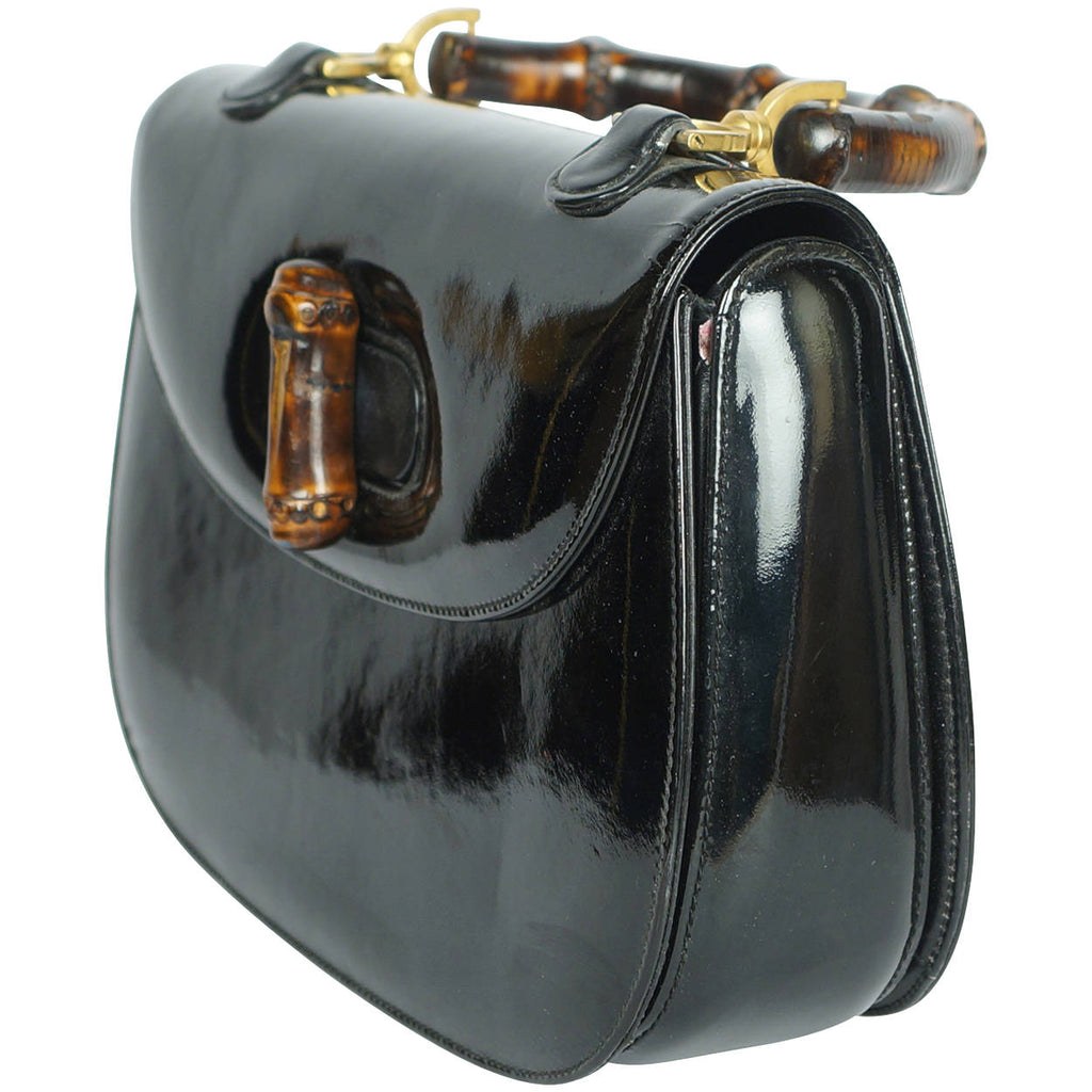 Vintage 1960s Gucci Iconic Bamboo Handle Handbag Purse Black Patent Leather 0633 - Poppy's Vintage Clothing