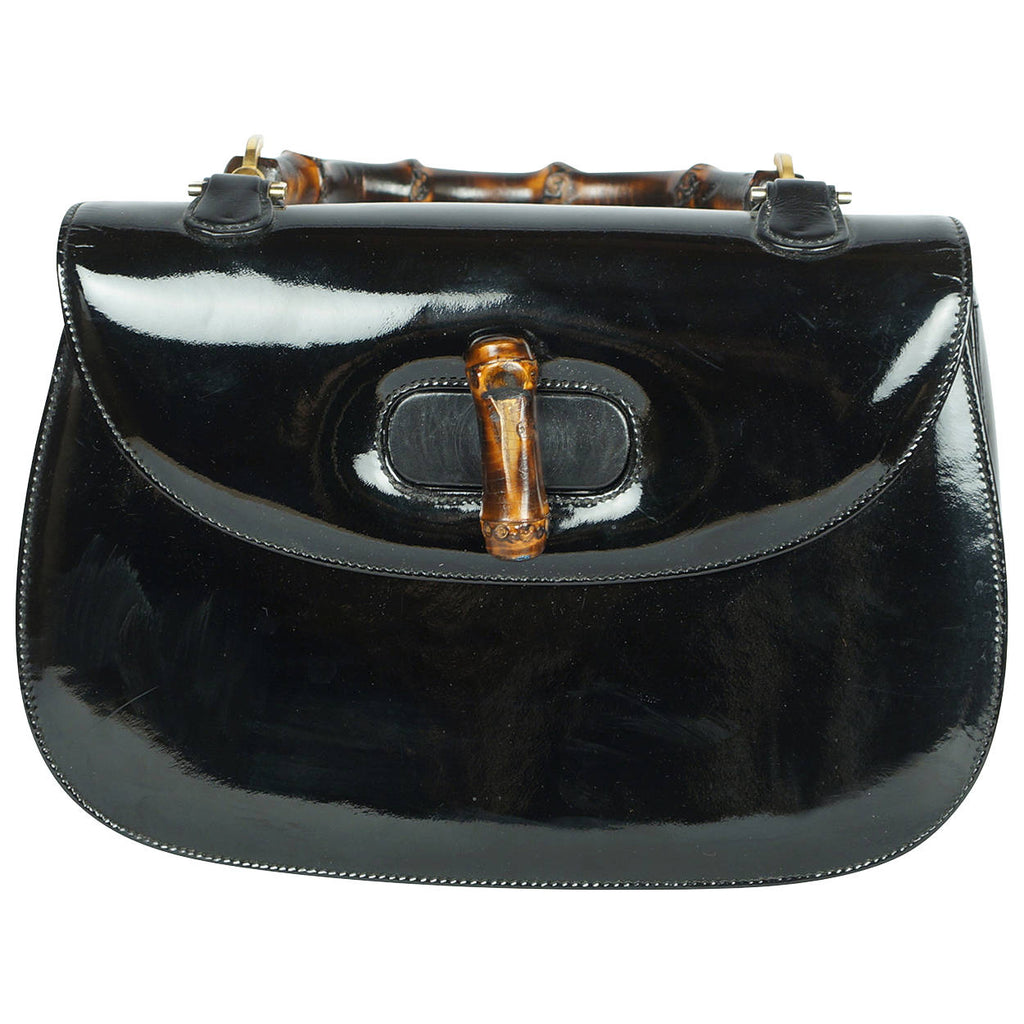 Vintage 1960s Gucci Iconic Bamboo Handle Handbag Purse Black Patent Leather 0633 - Poppy's Vintage Clothing