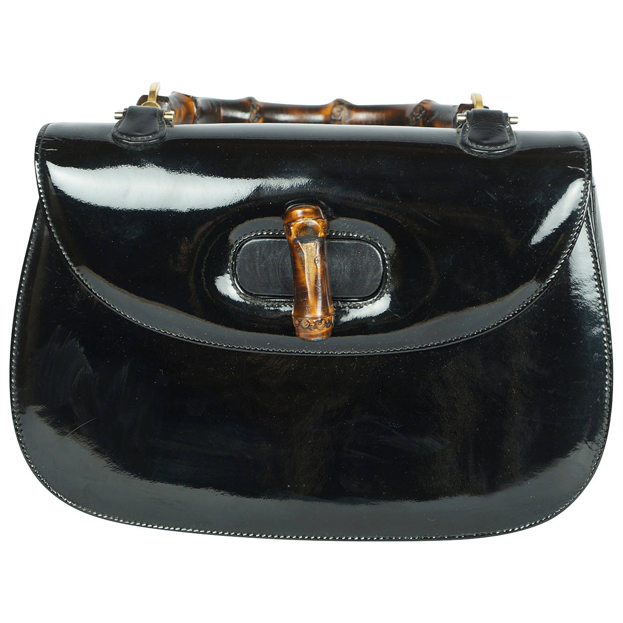 Vintage 1960s Gucci Iconic Bamboo Handle Handbag Purse Black Patent Leather 0633 - Poppy's Vintage Clothing