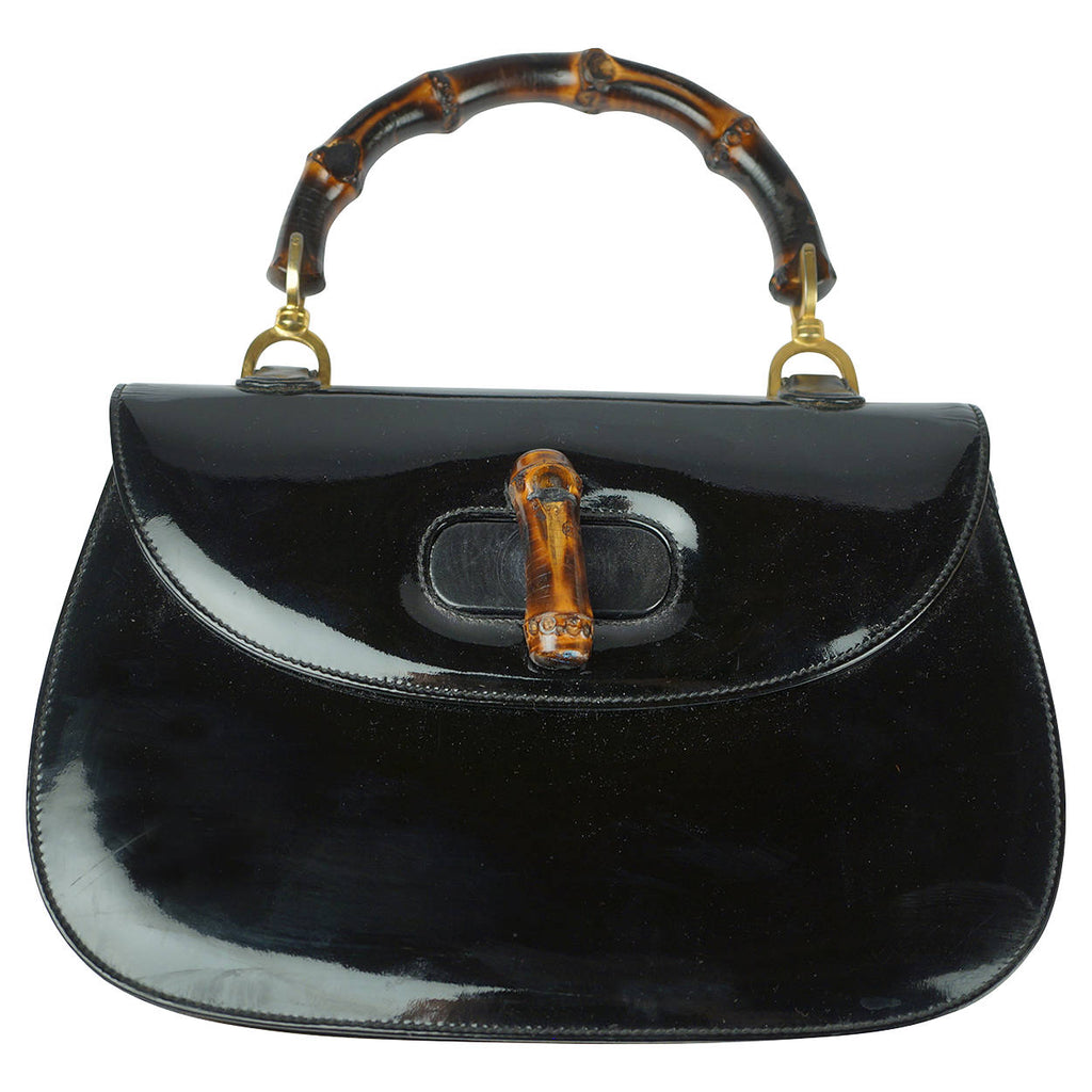 Vintage 1960s Gucci Iconic Bamboo Handle Handbag Purse Black Patent Leather 0633 - Poppy's Vintage Clothing