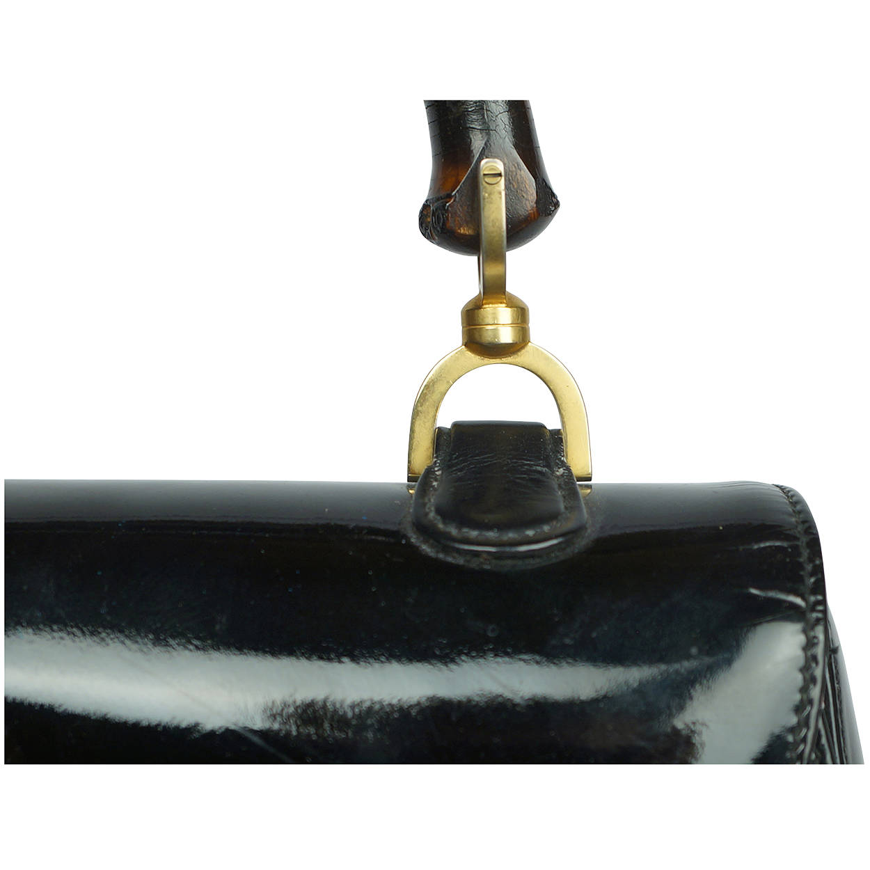 Vintage 1960s Gucci Iconic Bamboo Handle Handbag Purse Black Patent Leather 0633 - Poppy's Vintage Clothing