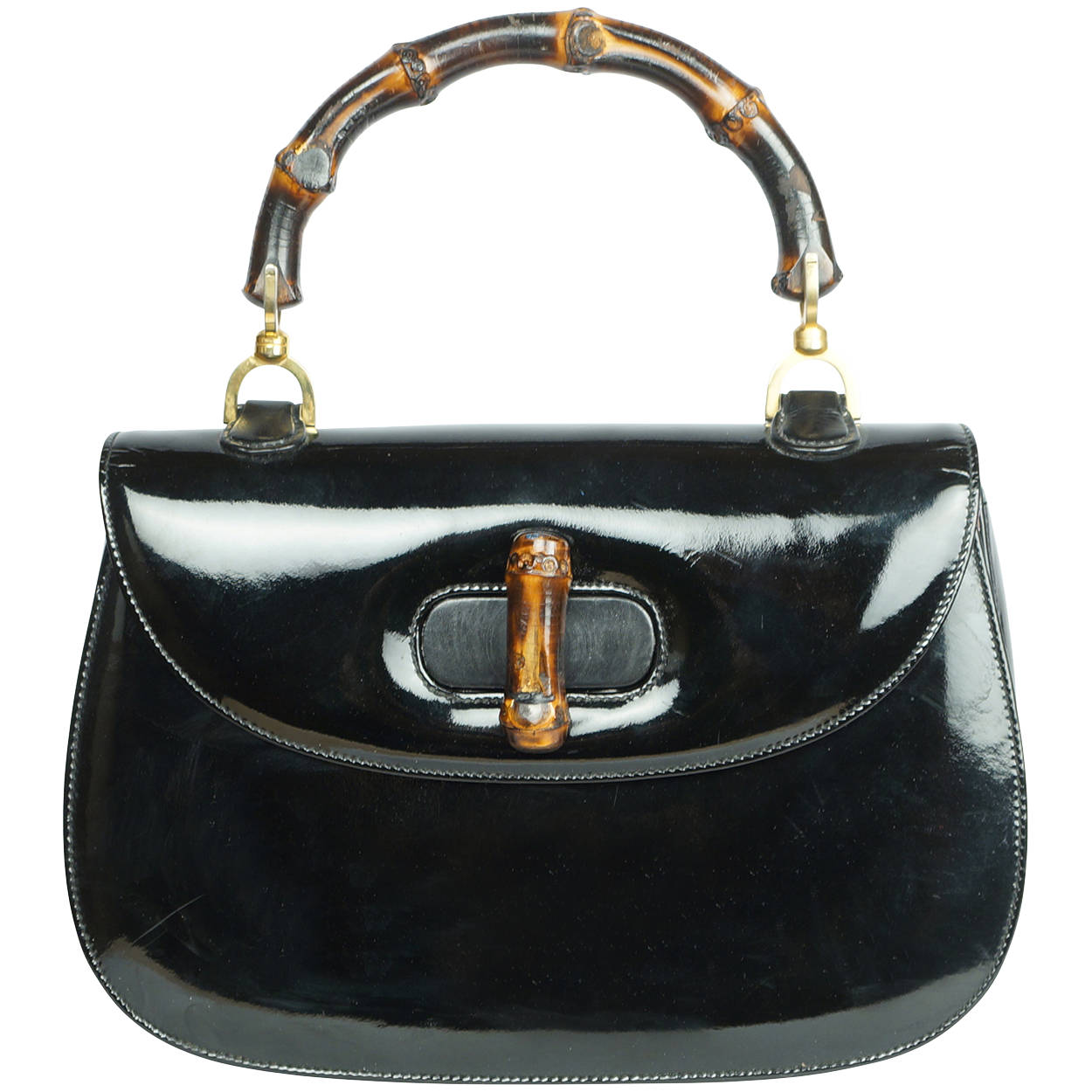 Vintage 1960s Gucci Iconic Bamboo Handle Handbag Purse Black Patent Leather 0633 - Poppy's Vintage Clothing
