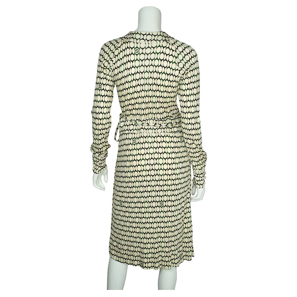 Gucci Logo Wrap Dress White Circles Green &amp; Black Made in Italy Size M - Poppy's Vintage Clothing