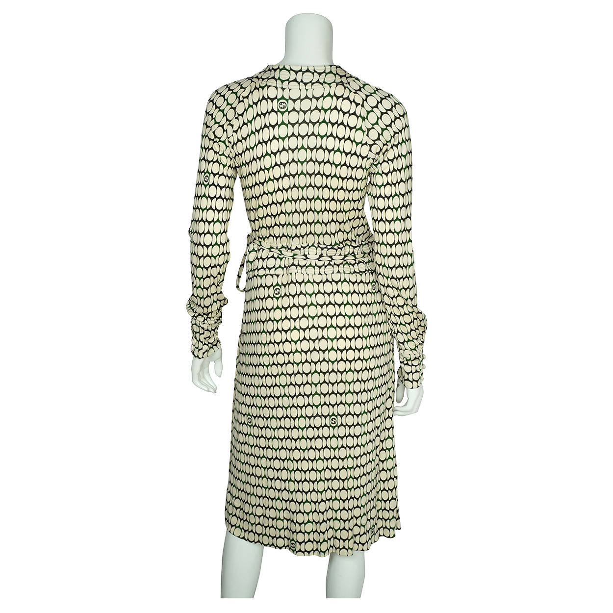 Gucci Logo Wrap Dress White Circles Green &amp; Black Made in Italy Size M - Poppy's Vintage Clothing