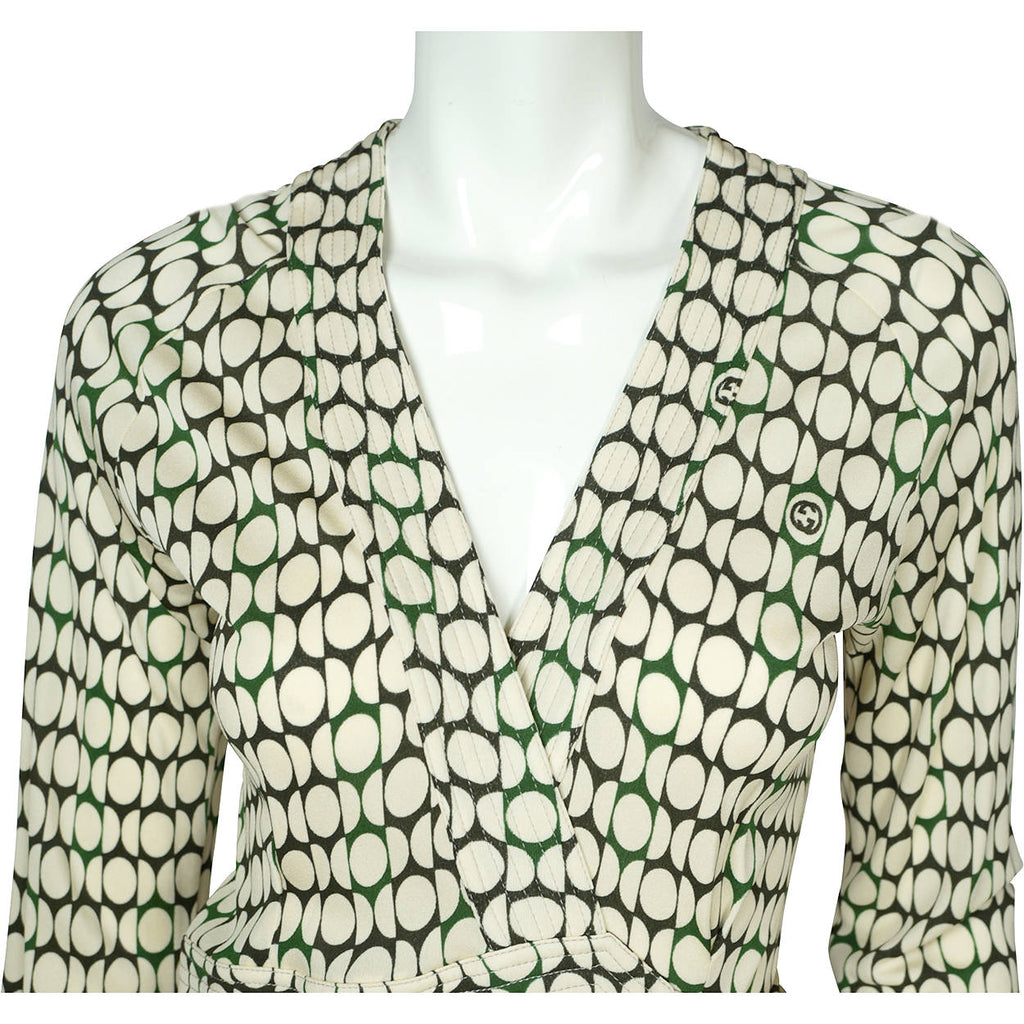 Gucci Logo Wrap Dress White Circles Green &amp; Black Made in Italy Size M - Poppy's Vintage Clothing