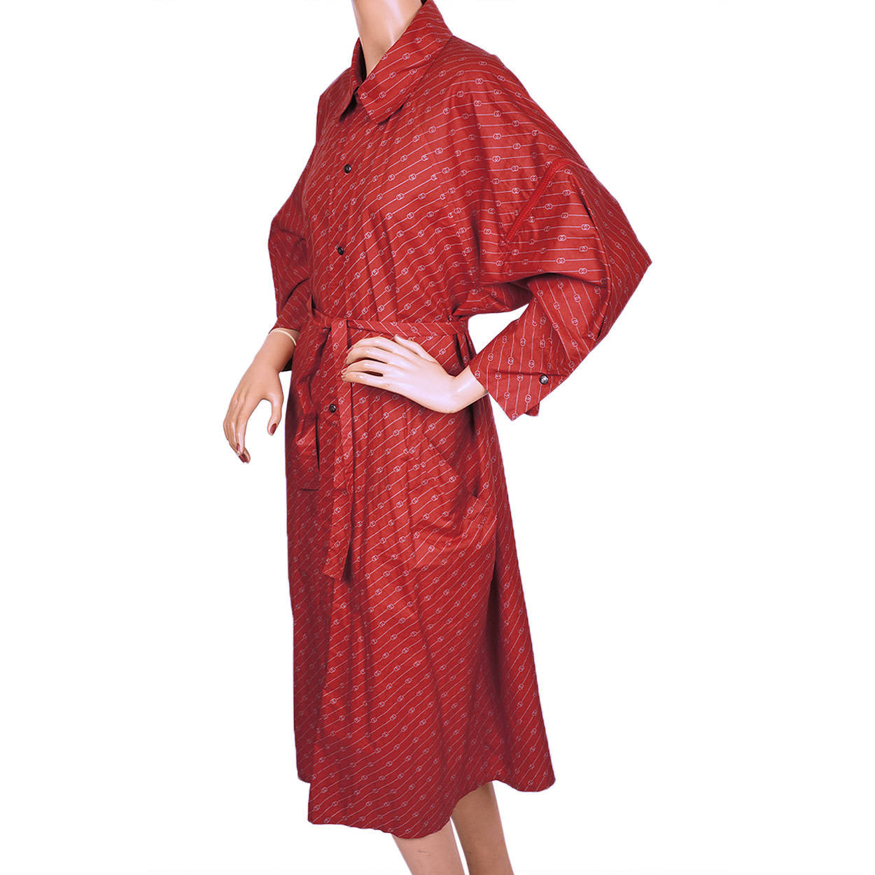 Vintage 1980s Gucci Italy Red Travel Raincoat Logo Pattern w Carrying Pocket M - Poppy's Vintage Clothing