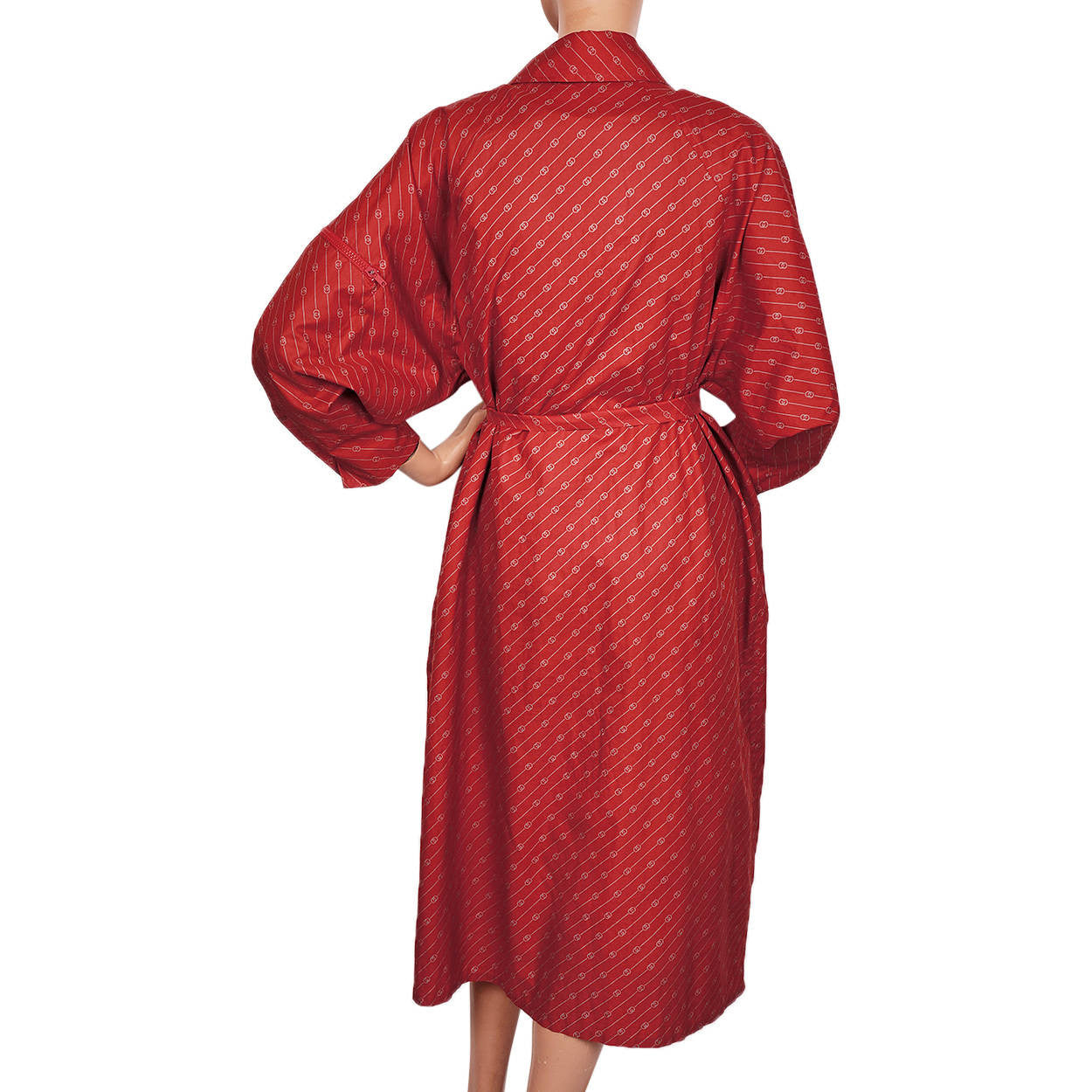 Vintage 1980s Gucci Italy Red Travel Raincoat Logo Pattern w Carrying Pocket M - Poppy's Vintage Clothing