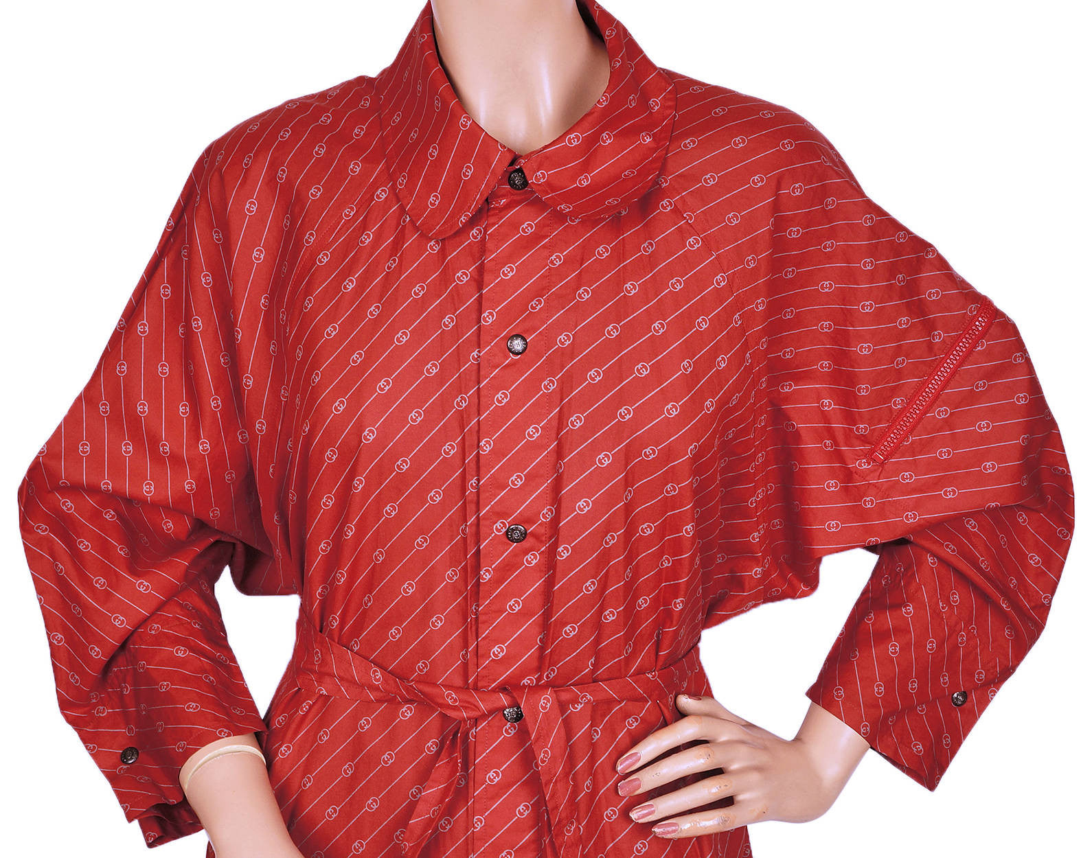 Vintage 1980s Gucci Italy Red Travel Raincoat Logo Pattern w Carrying Pocket M - Poppy's Vintage Clothing