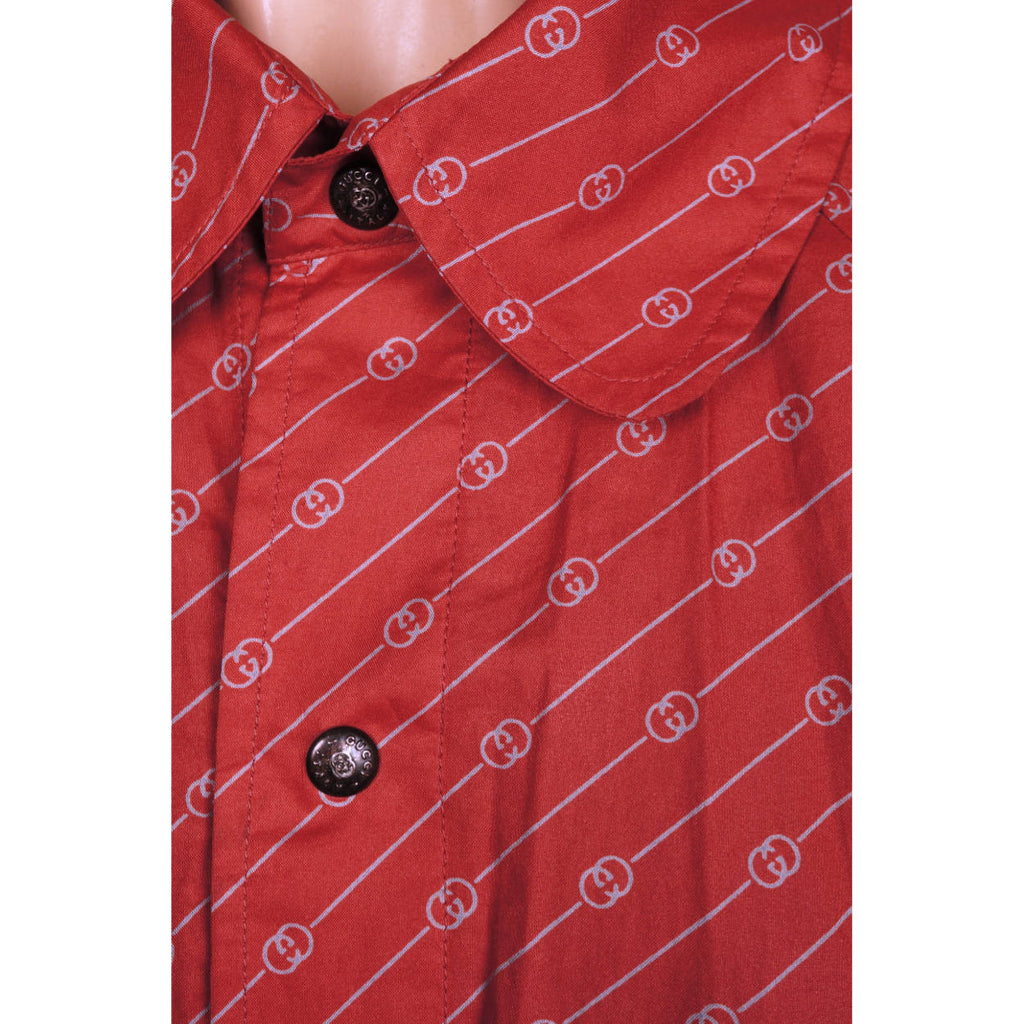 Vintage 1980s Gucci Italy Red Travel Raincoat Logo Pattern w Carrying Pocket M - Poppy's Vintage Clothing