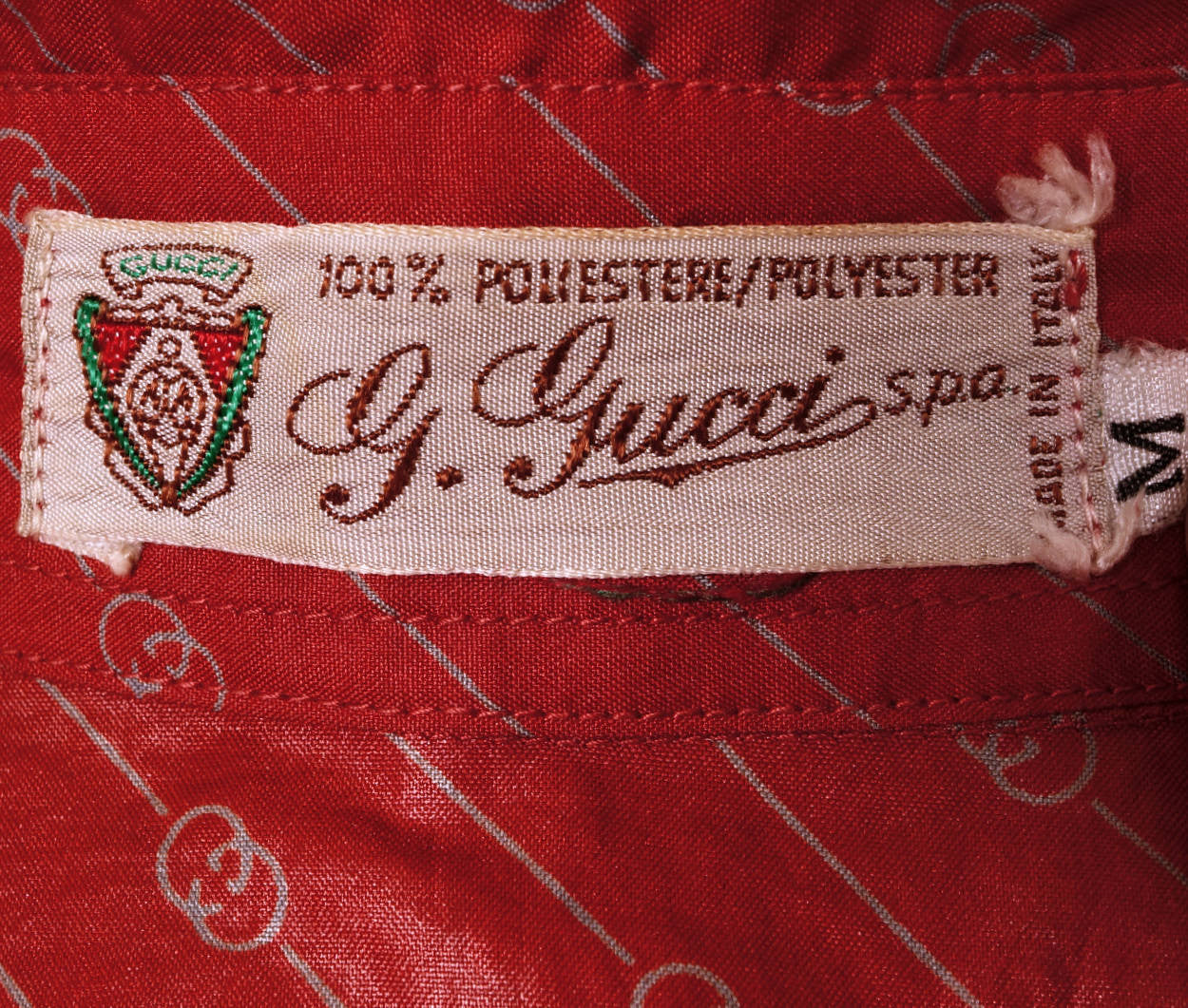 Vintage 1980s Gucci Italy Red Travel Raincoat Logo Pattern w Carrying Pocket M - Poppy's Vintage Clothing