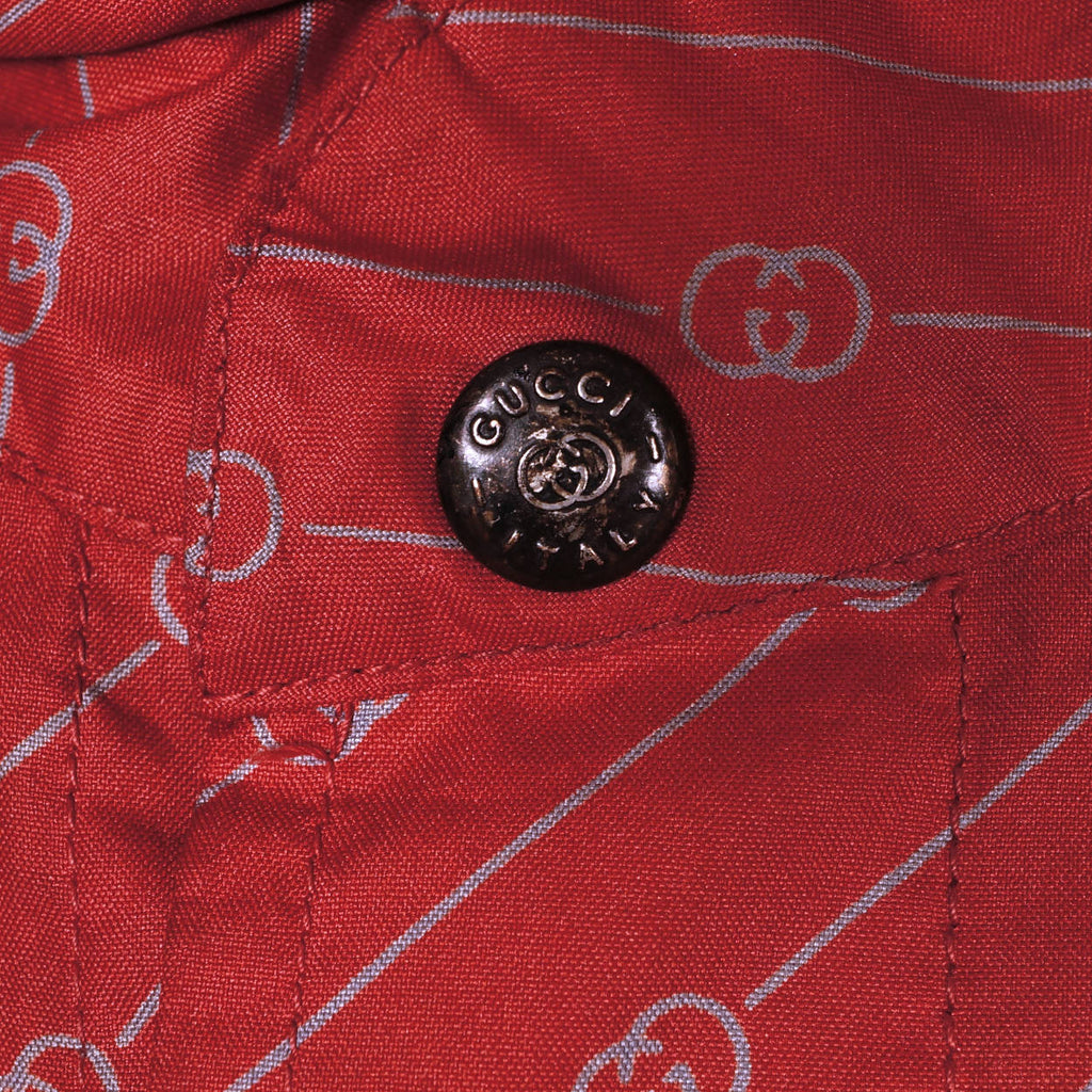 Vintage 1980s Gucci Italy Red Travel Raincoat Logo Pattern w Carrying Pocket M - Poppy's Vintage Clothing