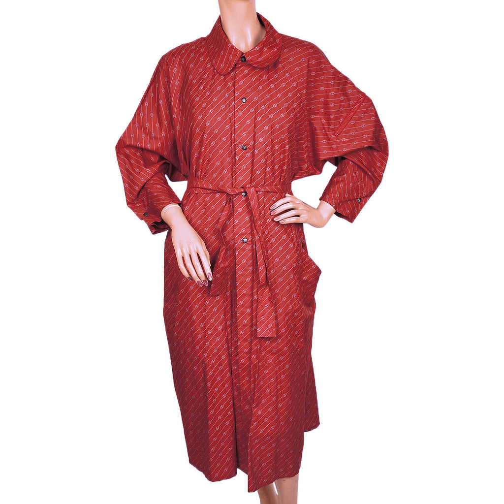Vintage 1980s Gucci Italy Red Travel Raincoat Logo Pattern w Carrying Pocket M - Poppy's Vintage Clothing