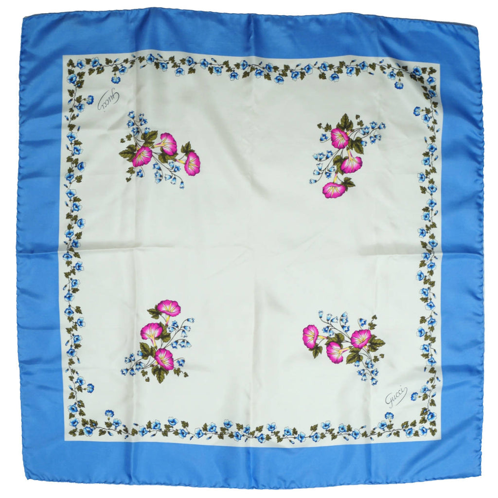 Vintage 1970s Gucci Silk Twill Scarf Floral Petunia Flowers Bluebells Square 27” - Poppy's Vintage Clothing