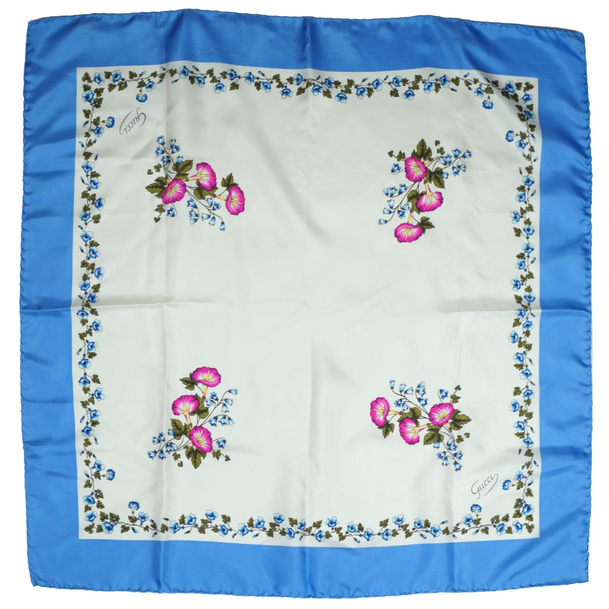 Vintage 1970s Gucci Silk Twill Scarf Floral Petunia Flowers Bluebells Square 27” - Poppy's Vintage Clothing