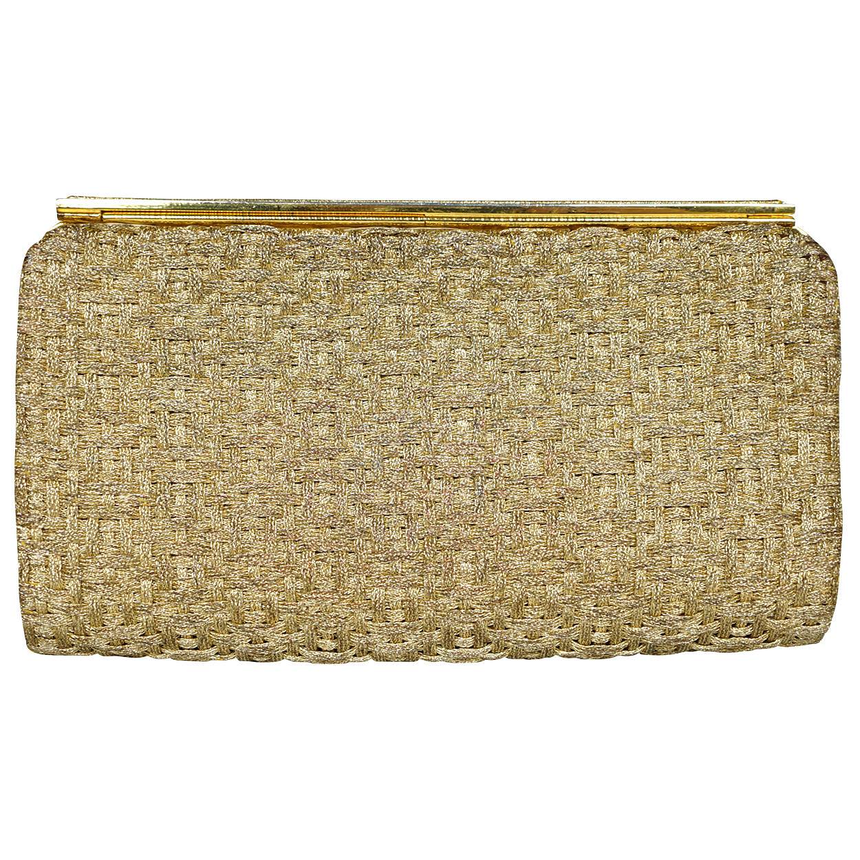 Vintage 1950s 60s Gucci Minaudiere Gold Metallic Basketweave Evening Clutch - Poppy's Vintage Clothing