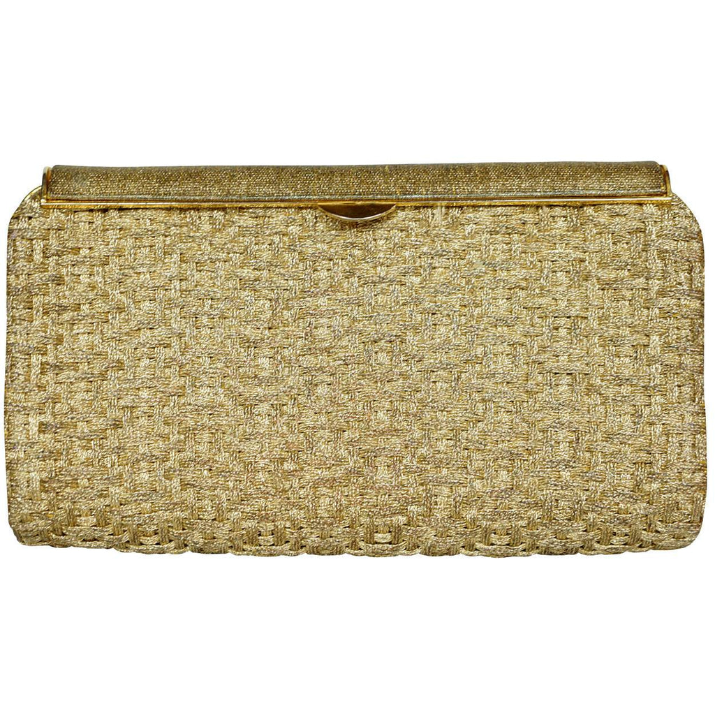 Vintage 1950s 60s Gucci Minaudiere Gold Metallic Basketweave Evening Clutch - Poppy's Vintage Clothing