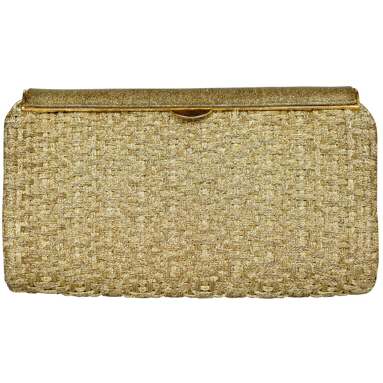 Vintage 1950s 60s Gucci Minaudiere Gold Metallic Basketweave Evening Clutch - Poppy's Vintage Clothing