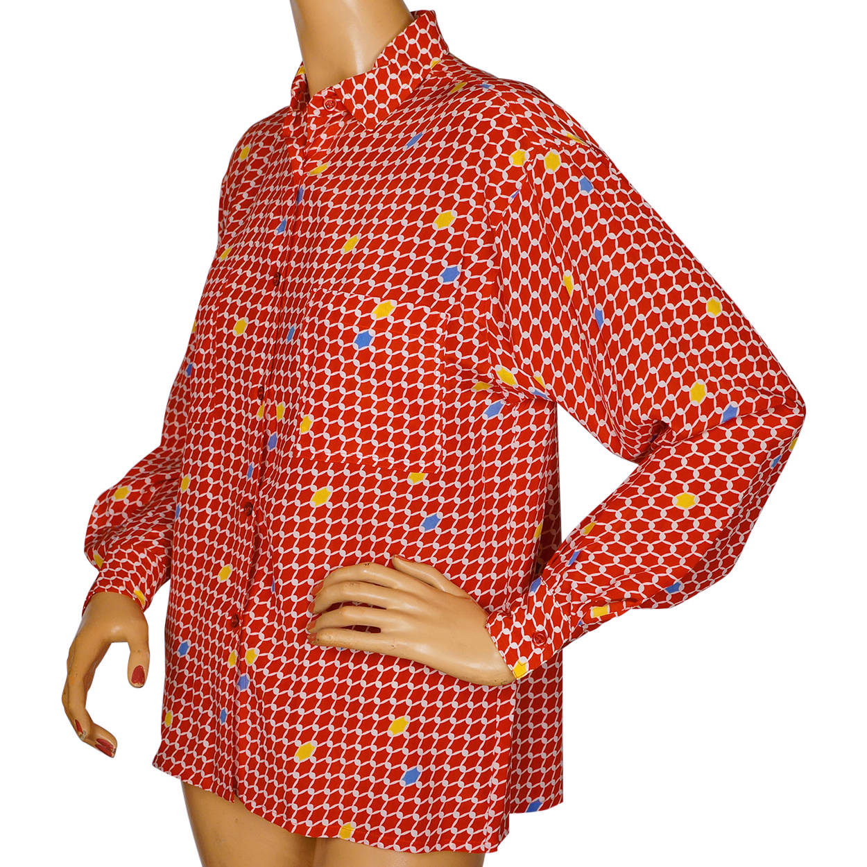 Vintage 1970s Guy Laroche Silk Blouse Red Pattern Print Ladies Size Small 4 - Poppy's Vintage Clothing