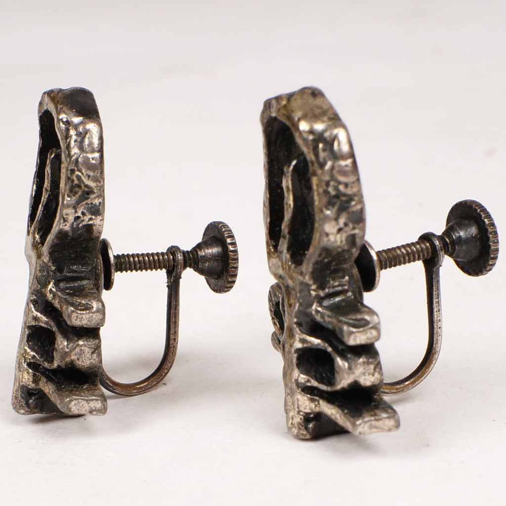 Gilles Guy Vidal Brutalist Earrings Modernist Abstract Pewter 1970s - Poppy's Vintage Clothing