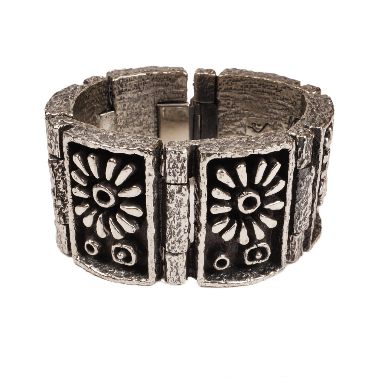 Massive Brutalist Gilles Guy Vidal Daisy Cuff Bracelet Modernist Plated Pewter Unused - Poppy's Vintage Clothing