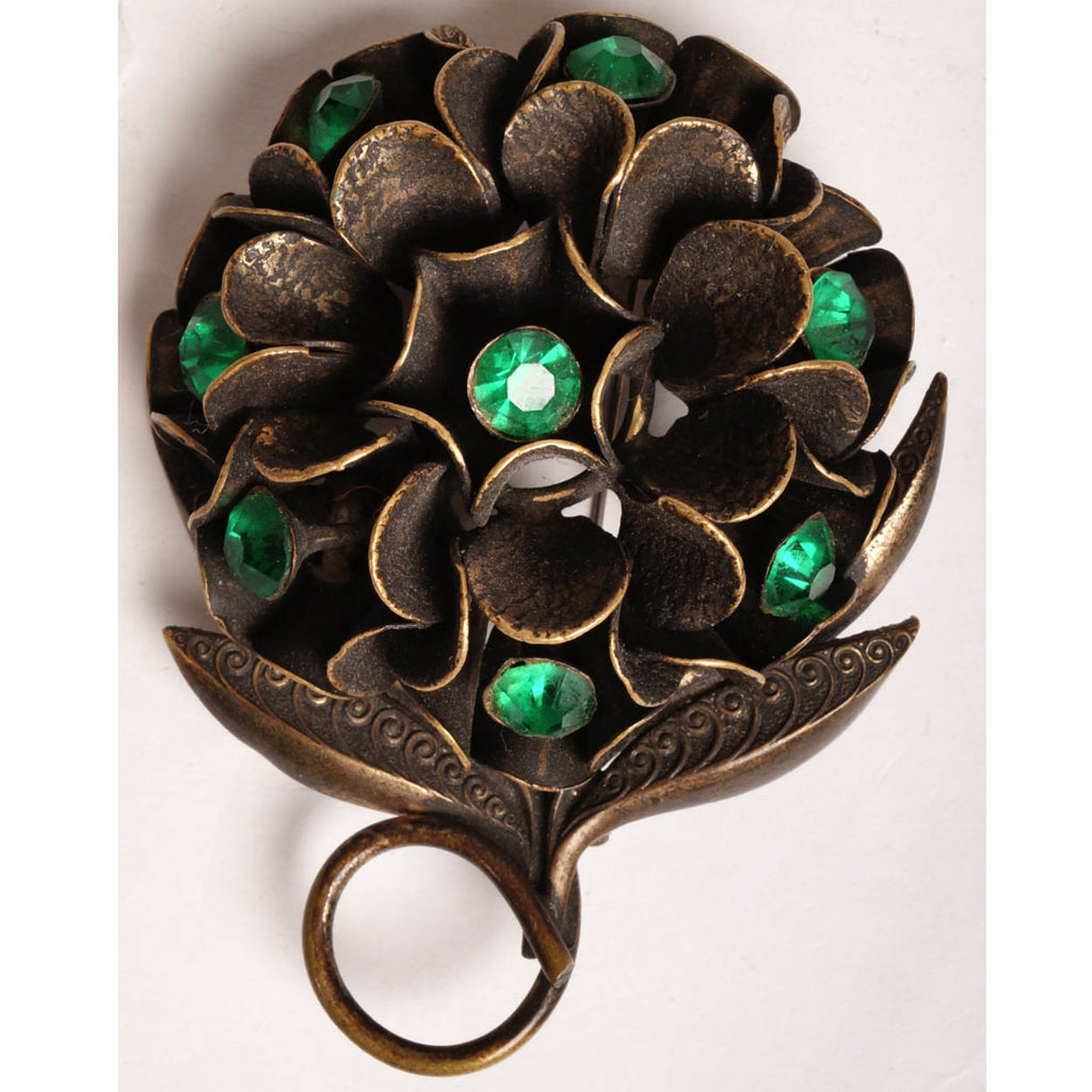 Vintage 1930s H Pomerantz NY Brass and Green Rhinestone Brooch - Exceptional - Poppy's Vintage Clothing