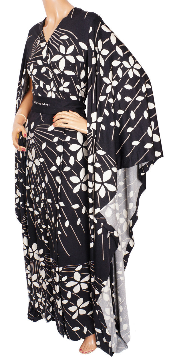 Vintage 70s Hanae Mori Kimono Dress Black & White - Size 12 Large - Poppy's Vintage Clothing