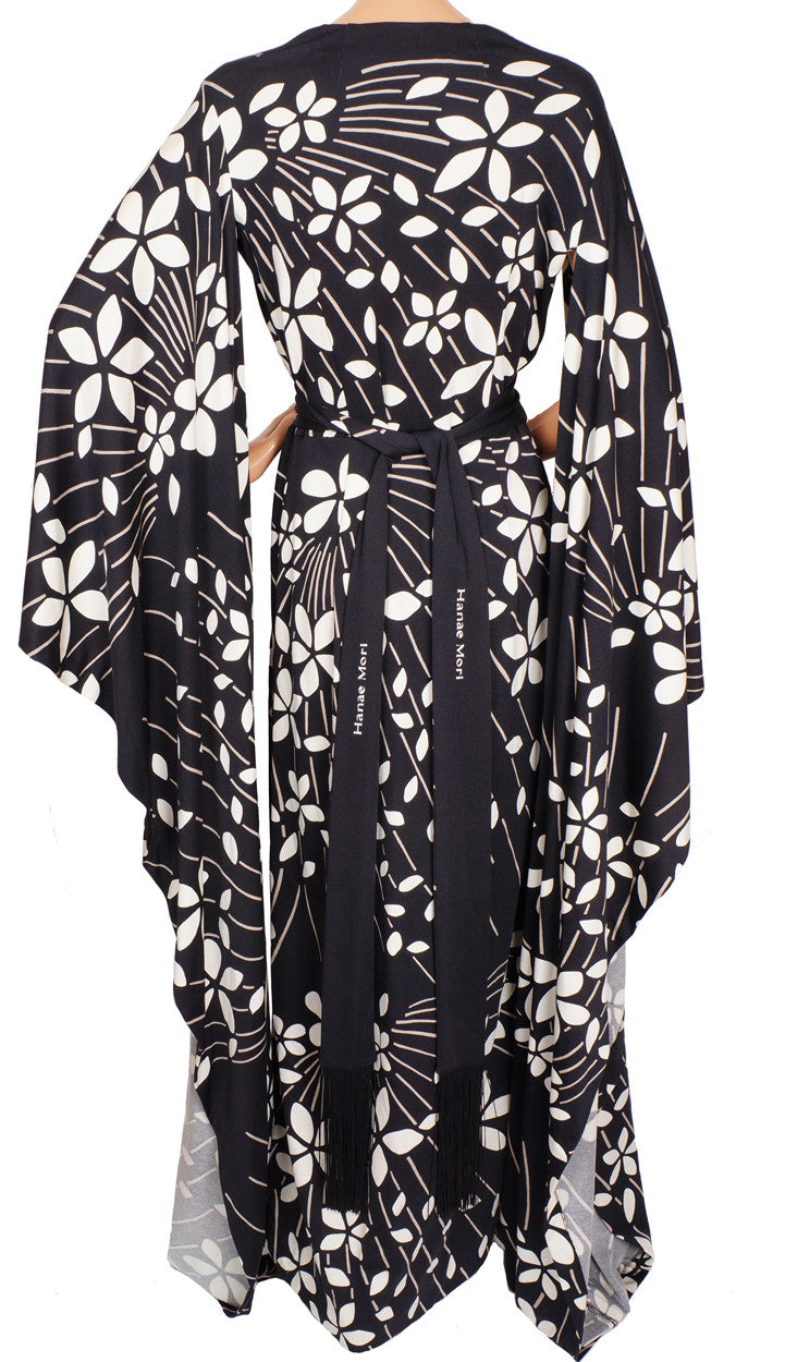 Vintage 70s Hanae Mori Kimono Dress Black & White - Size 12 Large - Poppy's Vintage Clothing
