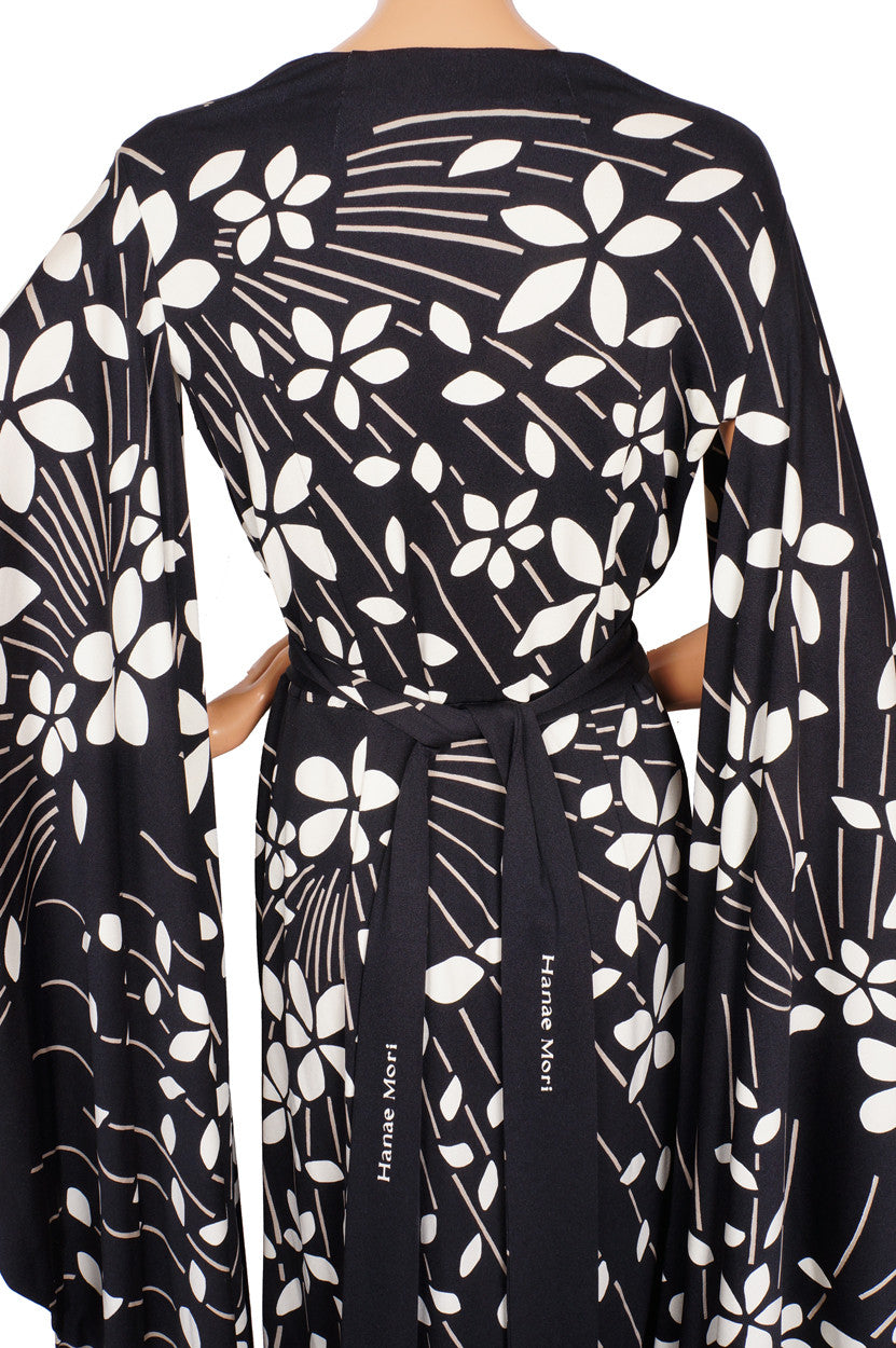 Vintage 70s Hanae Mori Kimono Dress Black & White - Size 12 Large - Poppy's Vintage Clothing