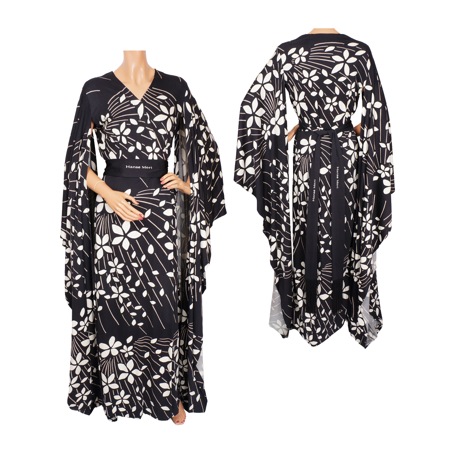 Vintage 70s Hanae Mori Kimono Dress Black & White - Size 12 Large - Poppy's Vintage Clothing