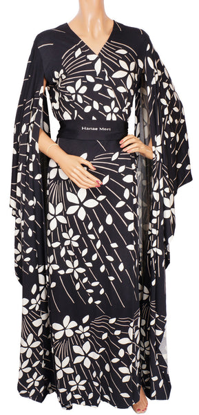 Vintage 70s Hanae Mori Kimono Dress Black & White - Size 12 Large - Poppy's Vintage Clothing