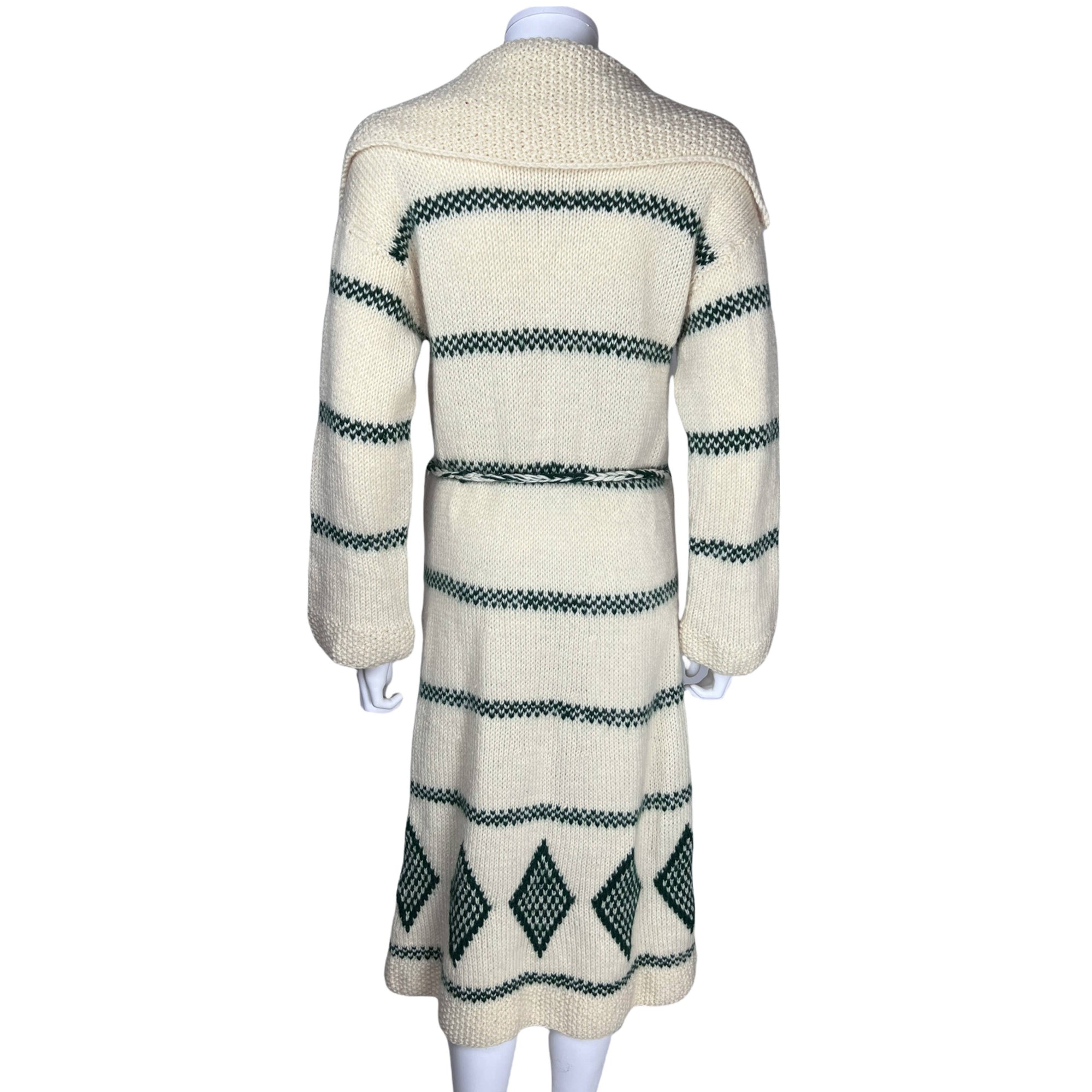 Vintage Hand Knit Coat Sweater Wool Green & Off White Size M