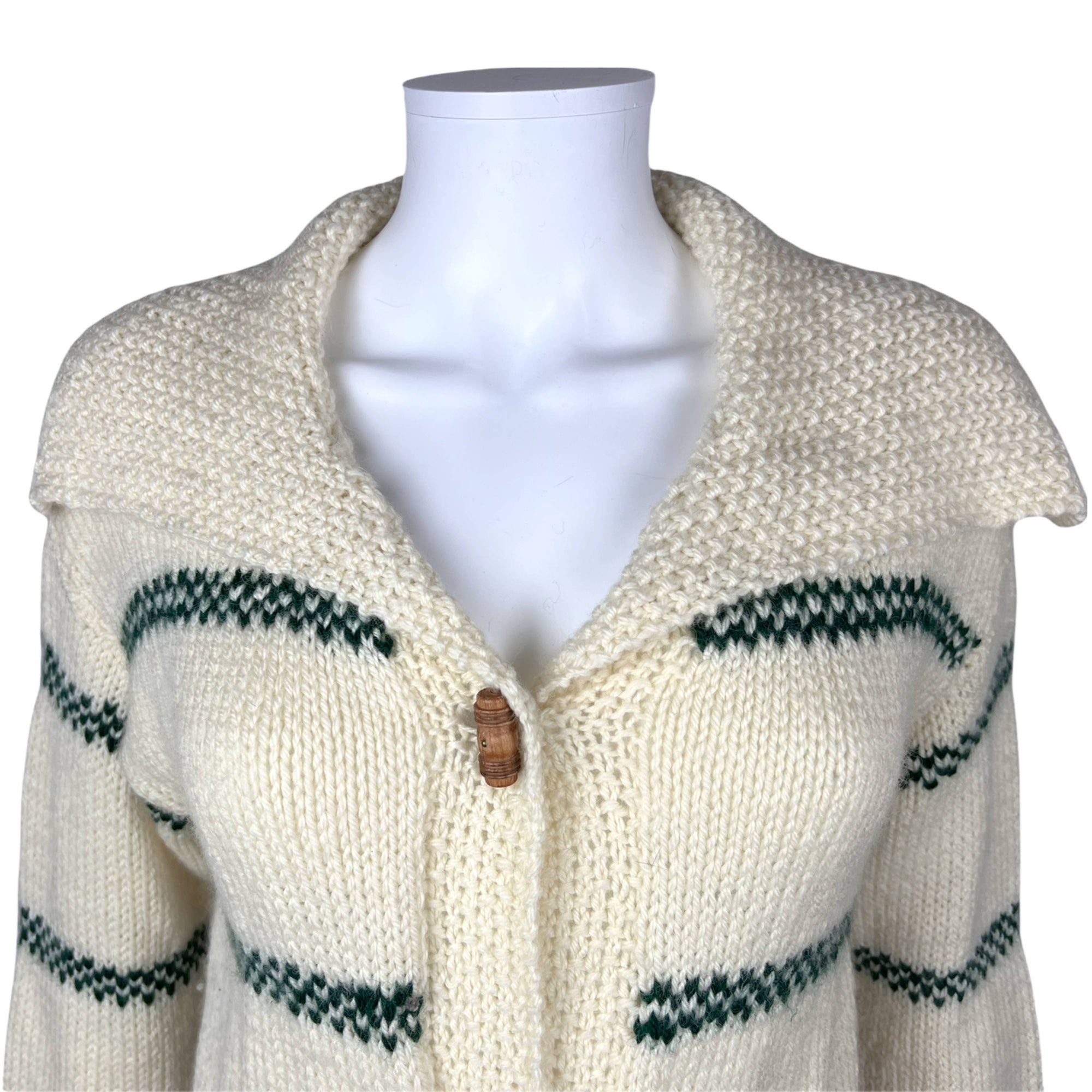 Vintage Hand Knit Coat Sweater Wool Green & Off White Size M