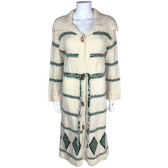 Vintage Hand Knit Coat Sweater Wool Green & Off White Size M