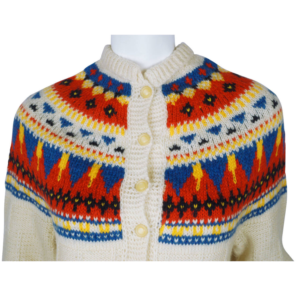 Vintage Hand Knit Cardigan Sweater Wool Nordic Fair Isle M - Poppy's Vintage Clothing