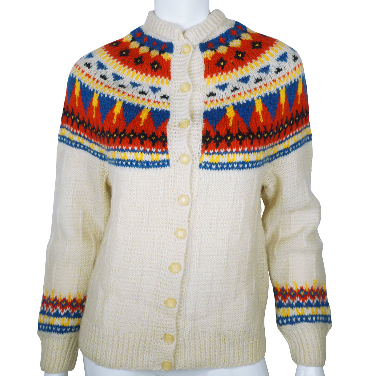 Vintage Hand Knit Cardigan Sweater Wool Nordic Fair Isle M - Poppy's Vintage Clothing