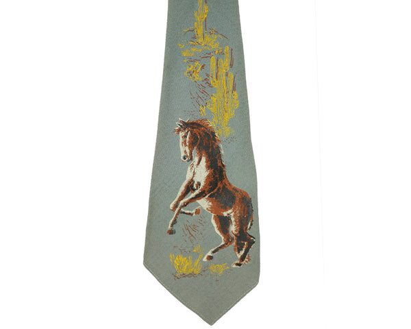 Vintage 1940s Swing Tie Hand Painted Stallion Horse Western Scene Mens Necktie - Poppy's Vintage Clothing