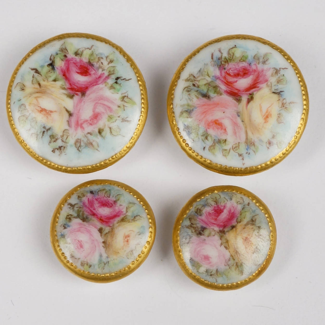 Antique Limoges Porcelain Hand Painted Roses Stud Buttons and Sash Buckle - Poppy's Vintage Clothing