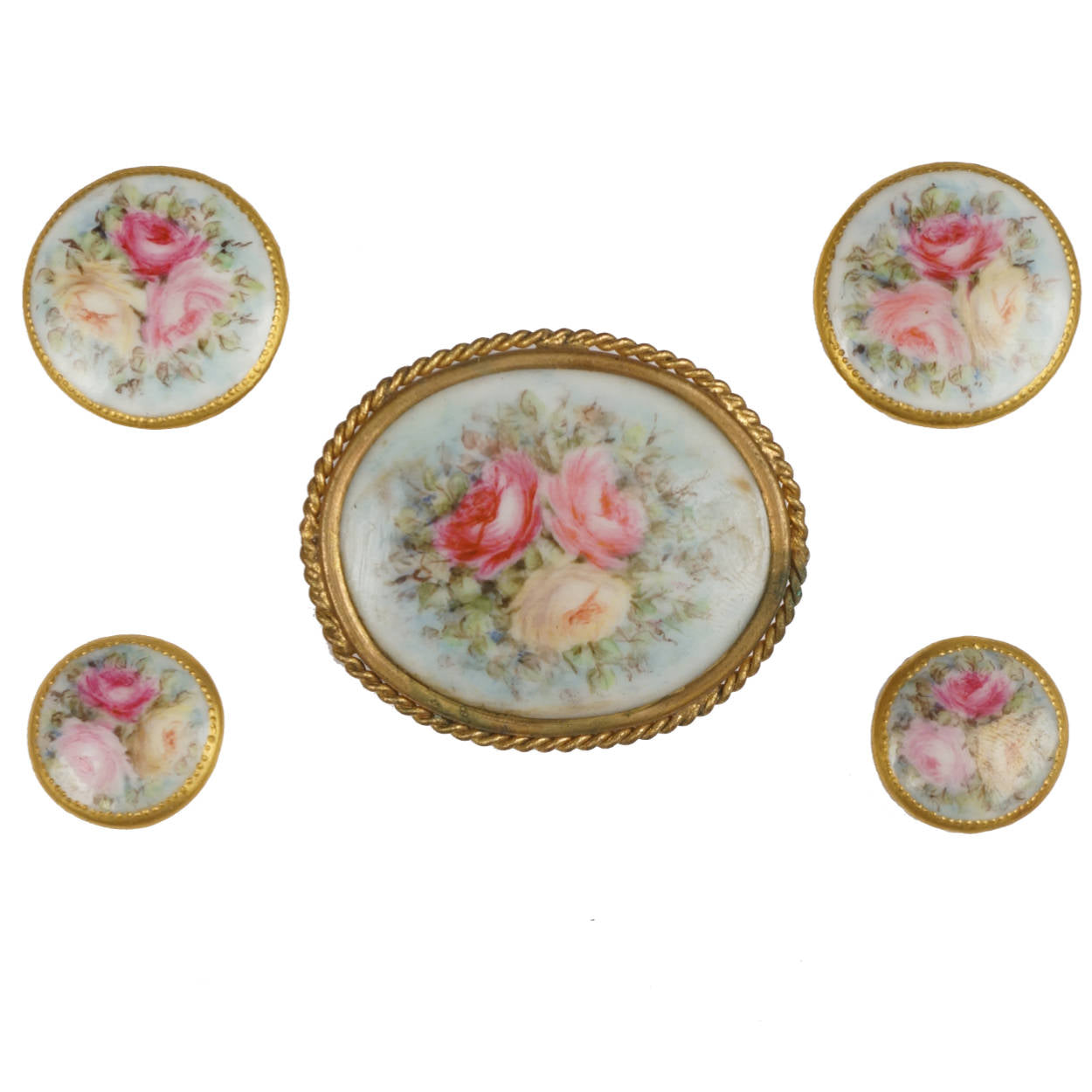 Antique Limoges Porcelain Hand Painted Roses Stud Buttons and Sash Buckle - Poppy's Vintage Clothing