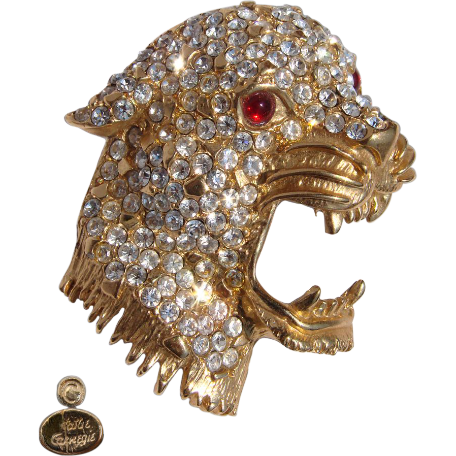 Vintage Hattie Carnegie Brooch - Rhinestone & Gold Toned Leopard Head - Poppy's Vintage Clothing