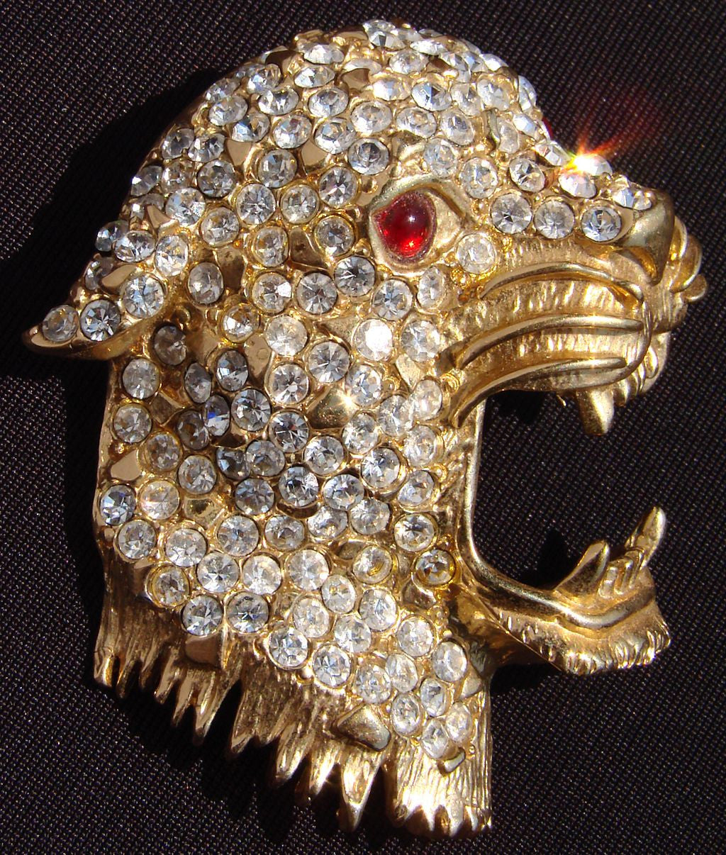 Vintage Hattie Carnegie Brooch - Rhinestone & Gold Toned Leopard Head - Poppy's Vintage Clothing