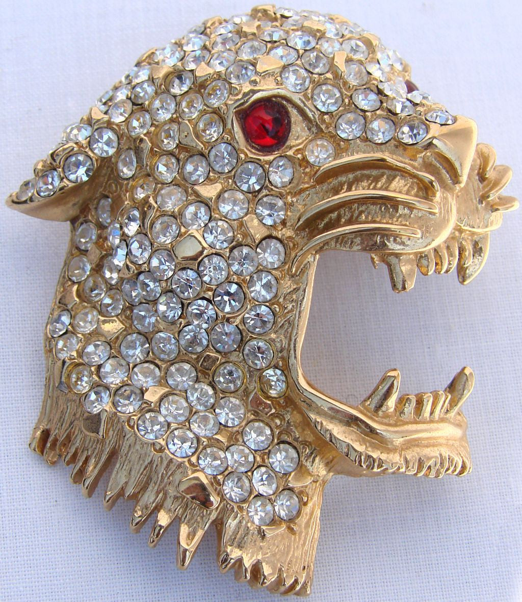 Vintage Hattie Carnegie Brooch - Rhinestone & Gold Toned Leopard Head - Poppy's Vintage Clothing